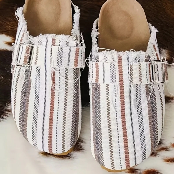 Striped Raw Edge Fabric Flat Clogs, Size 11, NWT - Picture 4 of 4